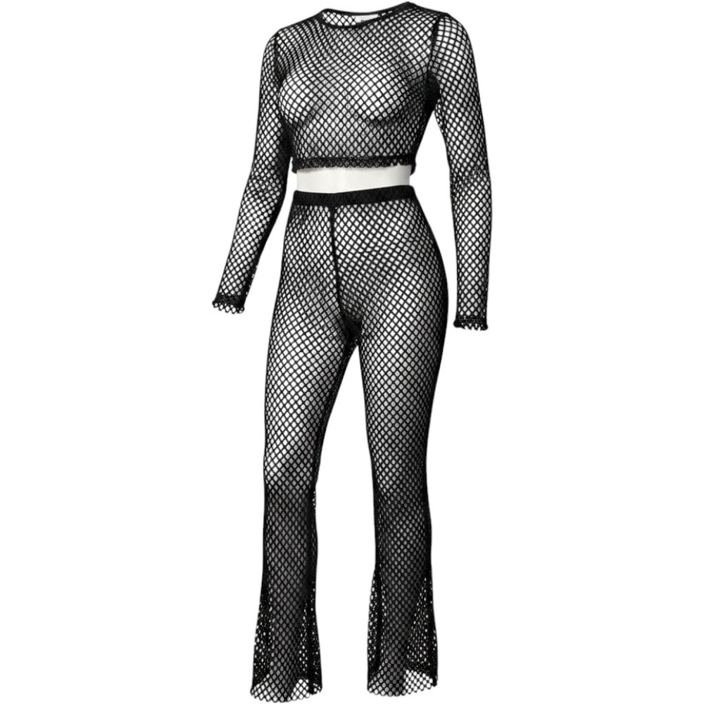Hot & Delicious Black Fishnet 2 Piece Set Crop Top Flare Pants Womens Small